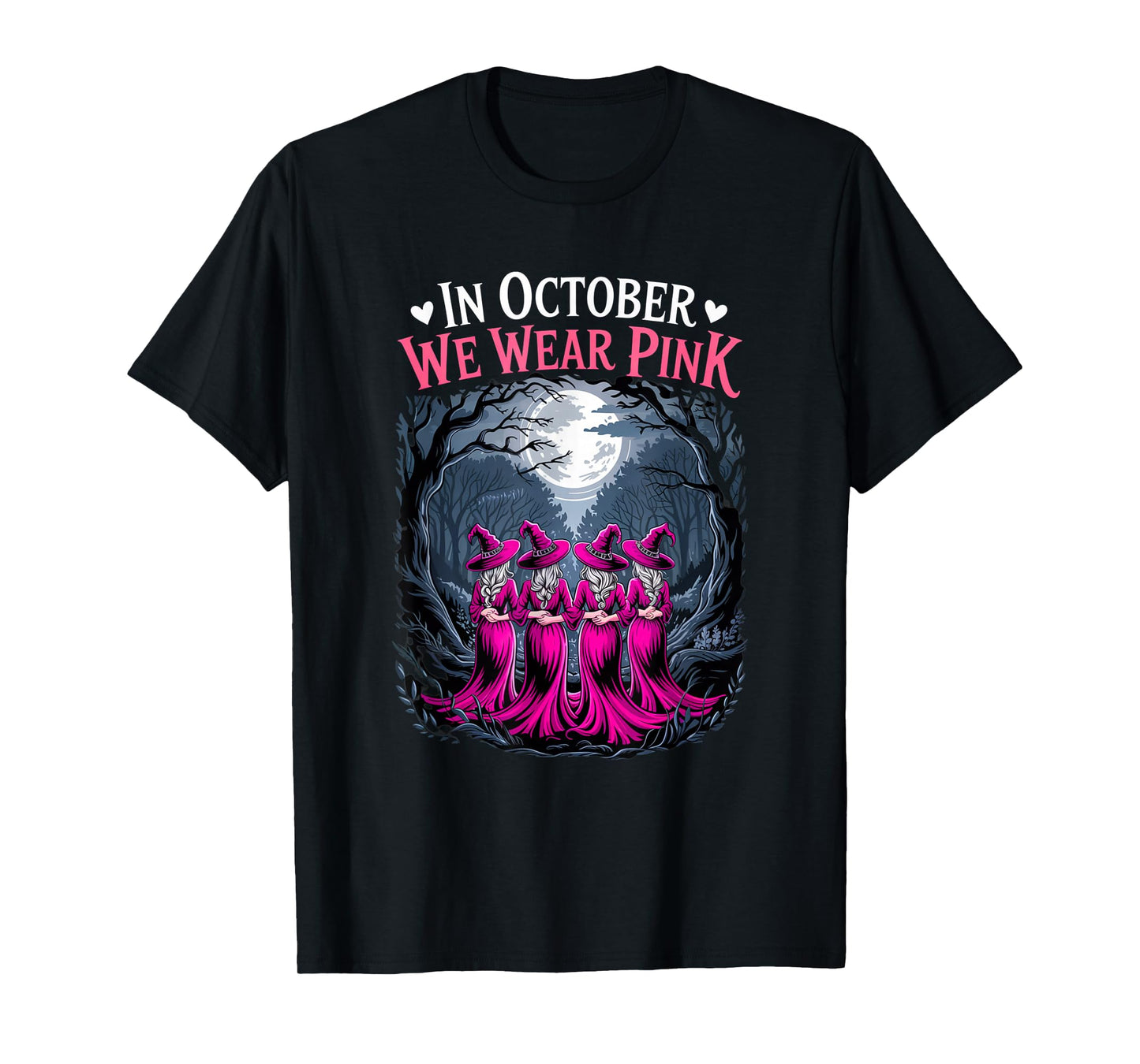 in October We Wear Pink Retro Witch Breast Cancer Awareness T-Shirt