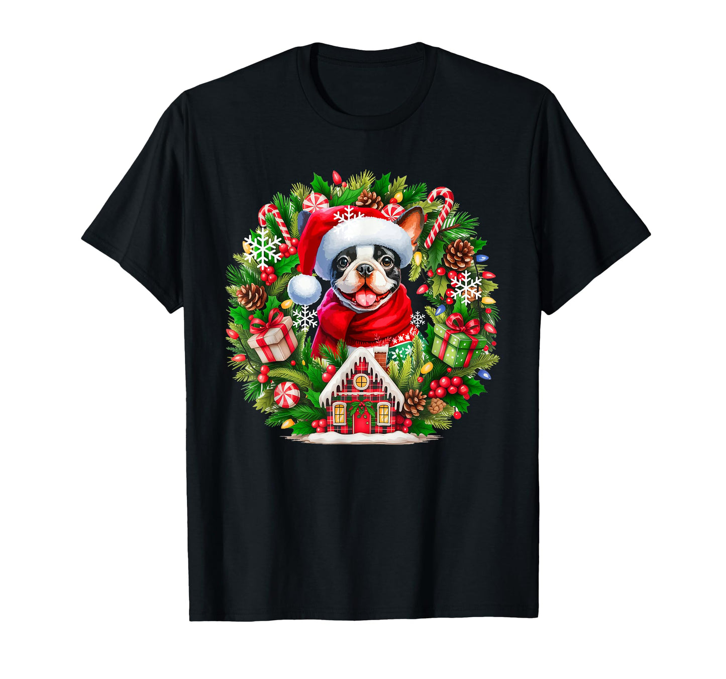 Santa Boston Terrier Christmas Floral Circle Owner Kids T-Shirt