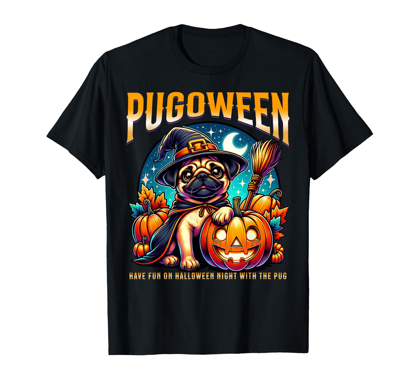 Pugoween Halloween Pug Dog Witch Pumpkin Costume Fun T-Shirt