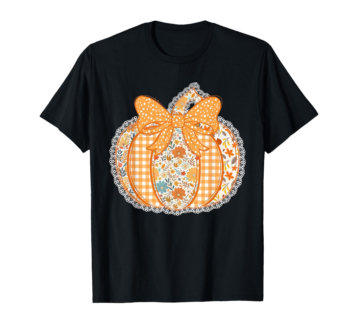 Vintage Patchwork Pumpkin Bow Women Girls Autumn Fall Gift T-Shirt
