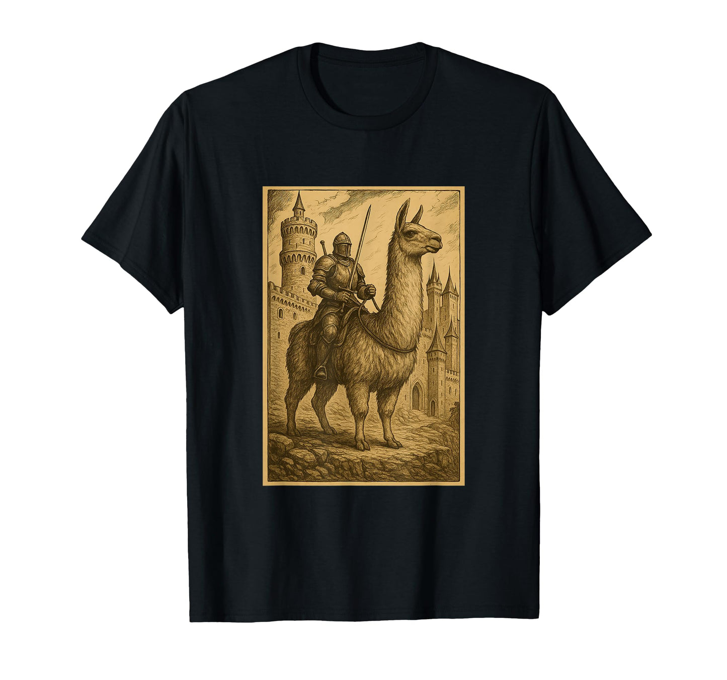 Medieval Knight Riding a Llama Fantasy Art Surreal Rider T-Shirt