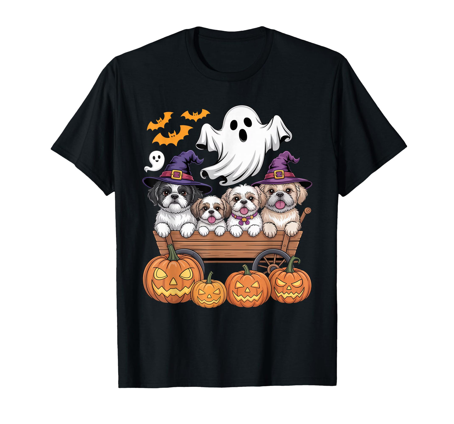 Shih Tzu Halloween Wagon Ghost Bats Pumpkins Cute Spooky T-Shirt