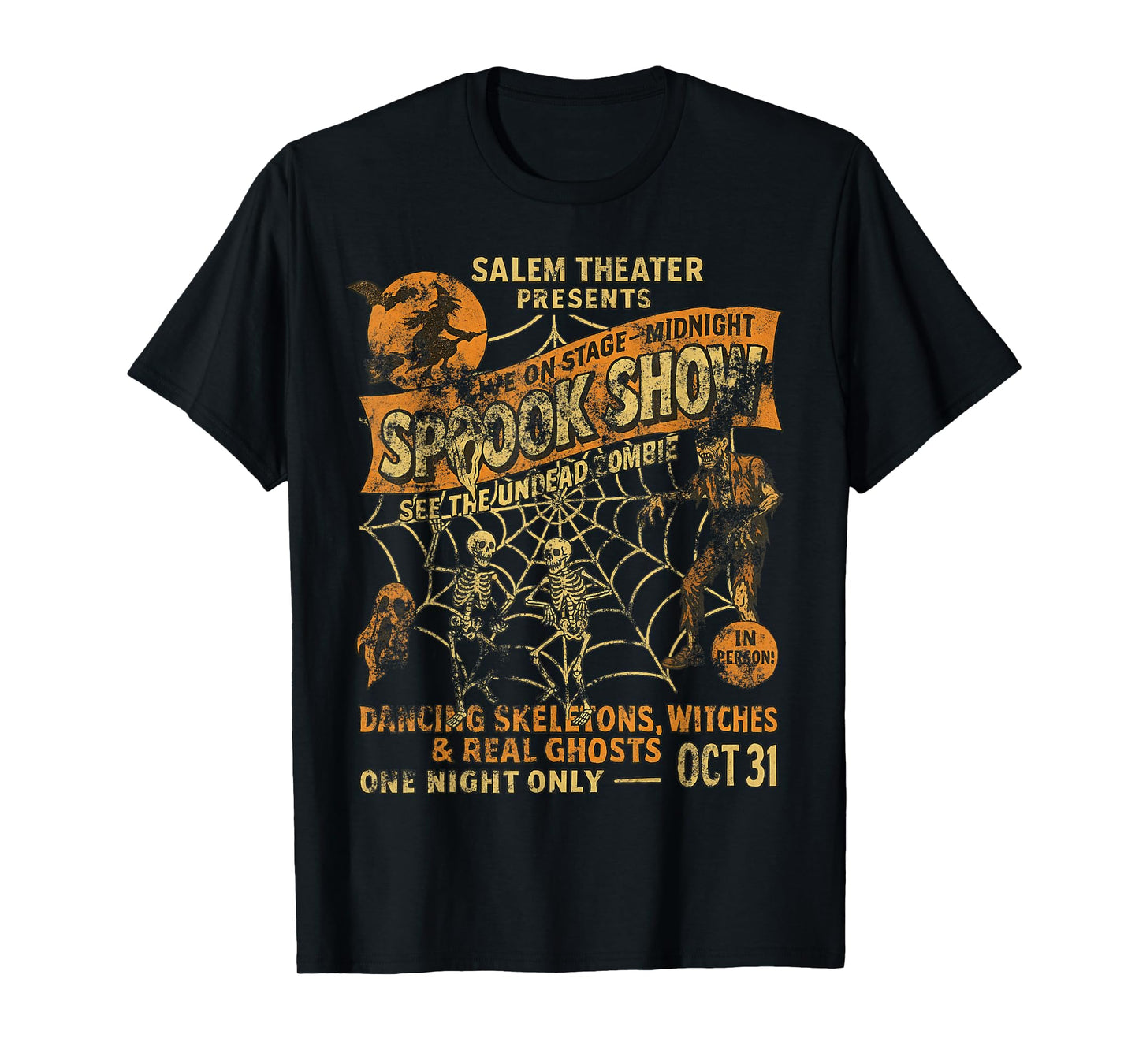 Vintage Halloween Poster Tee Witch Dancing Skeletons Monster T-Shirt
