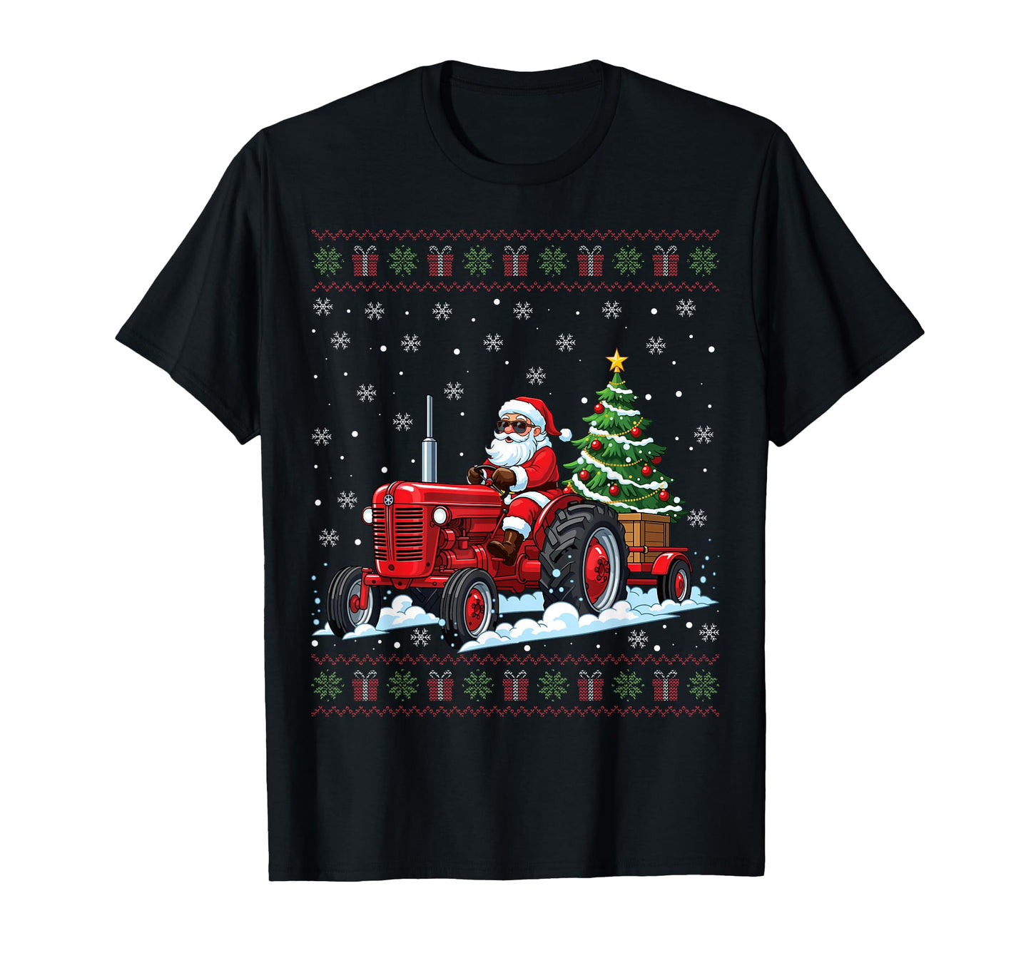 Santa Riding Tractor Merry Christmas Funny Ugly Christmas T-Shirt