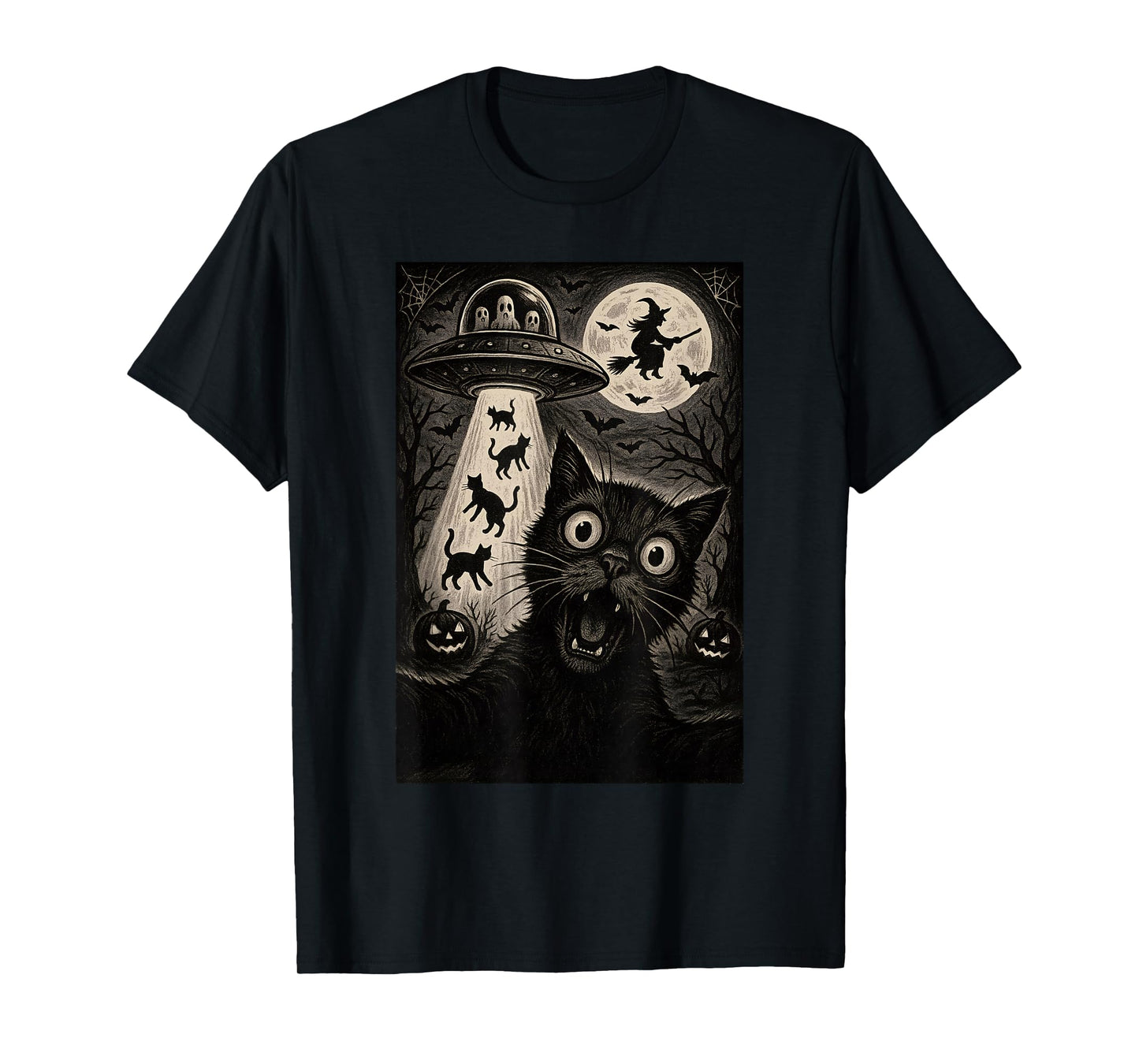 Halloween Cat Selfie Spooky Night Alien Abduction Cats UFO T-Shirt