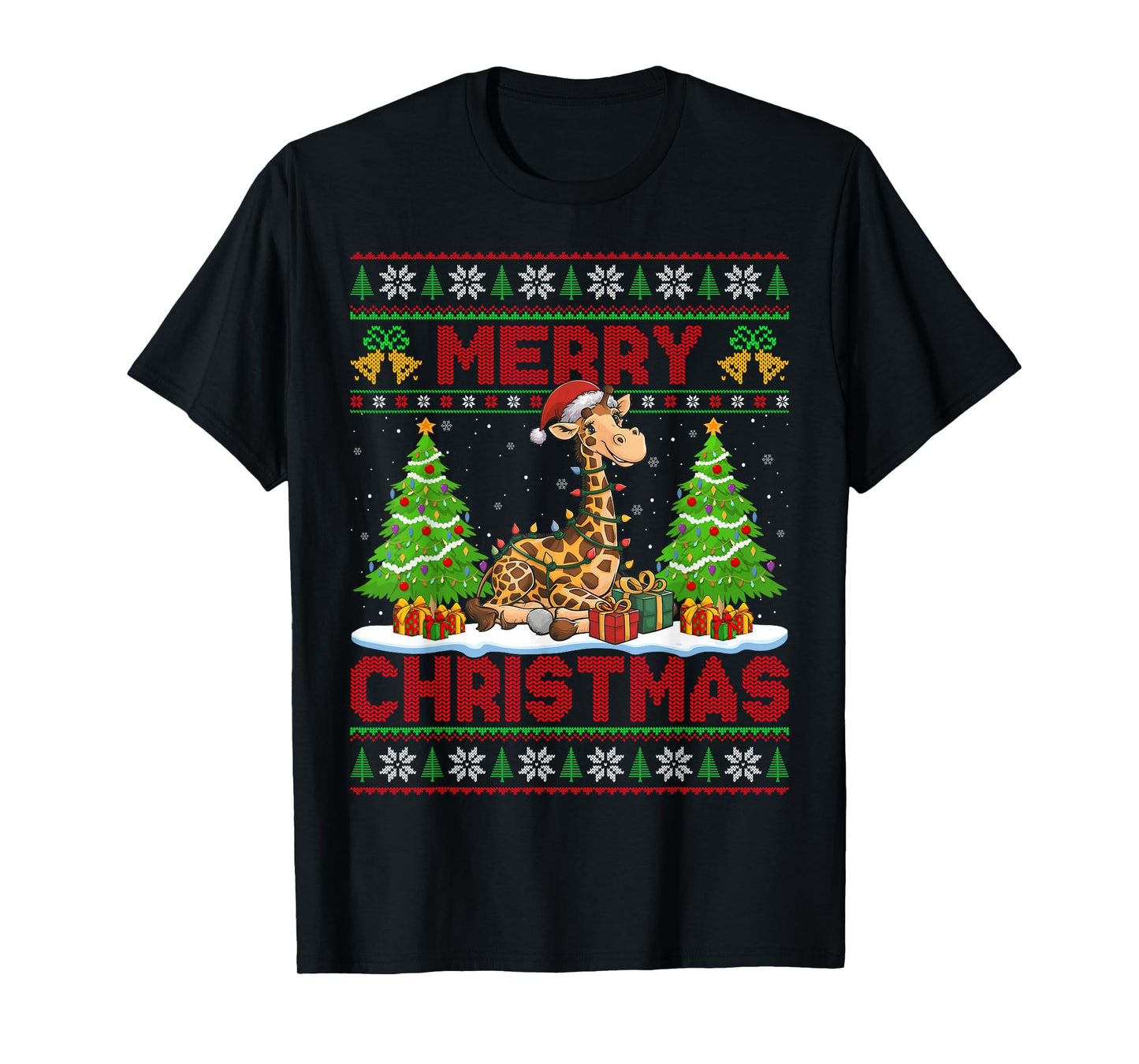 Giraffe Ugly Christmas Sweaters Funny Santa Hat Lights Xmas T-Shirt