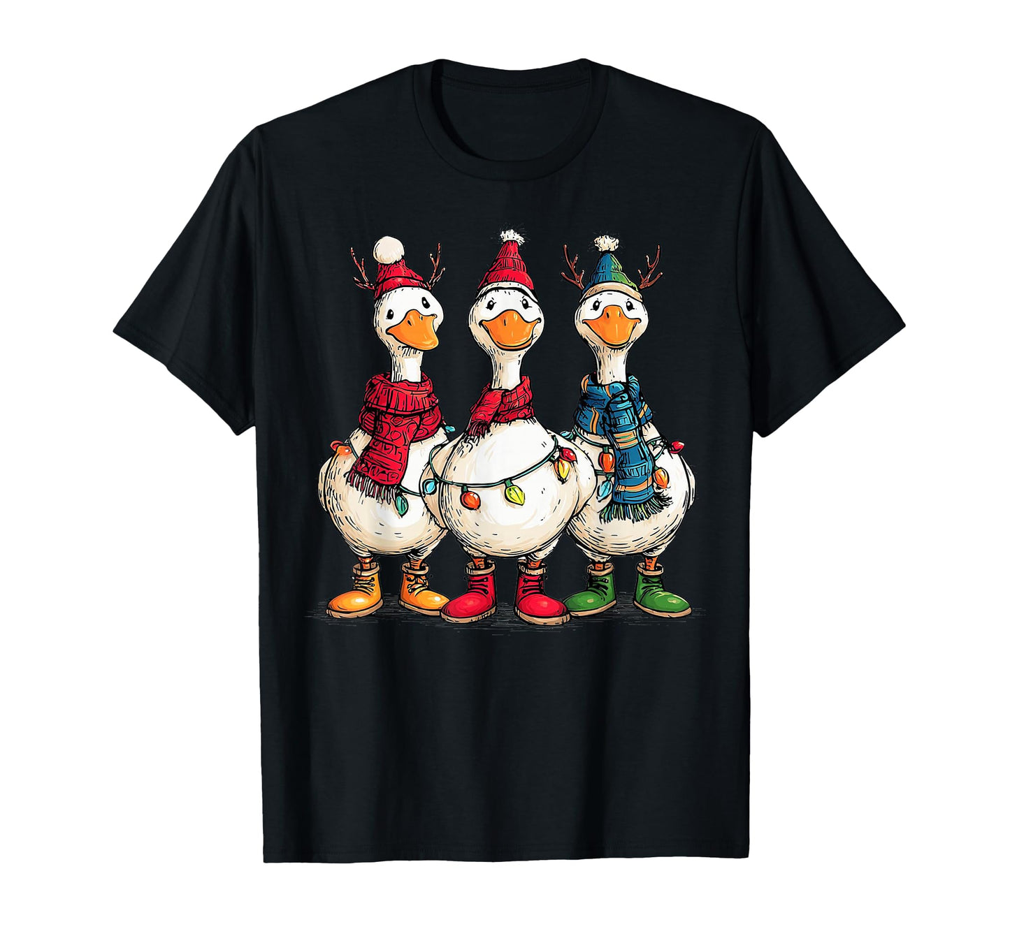 Funny Christmas Goose with Santa Hats Scarves and Lights T-Shirt