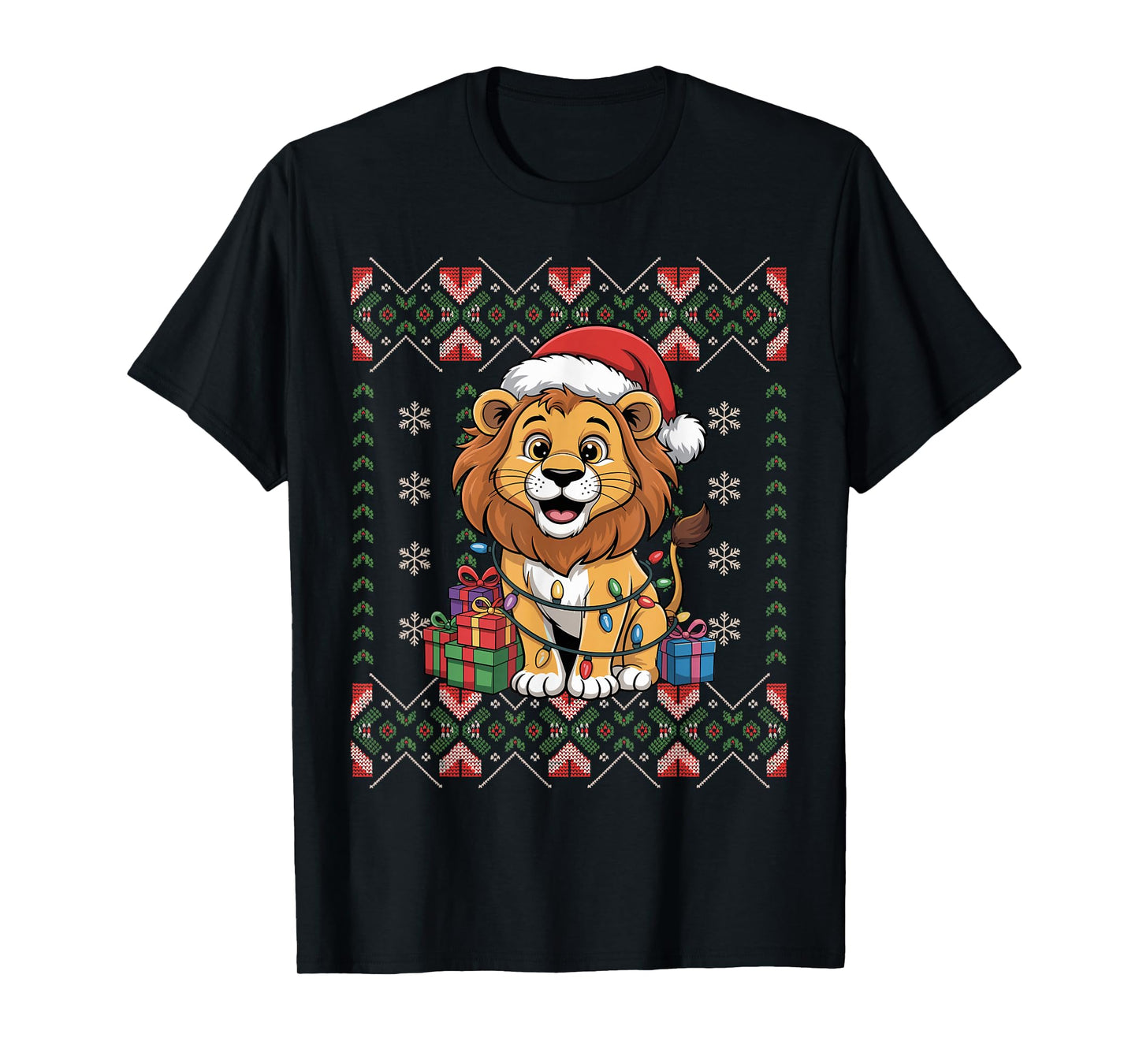 Santa Lion Christmas Ugly Sweater Funny Holiday Pajamas T-Shirt