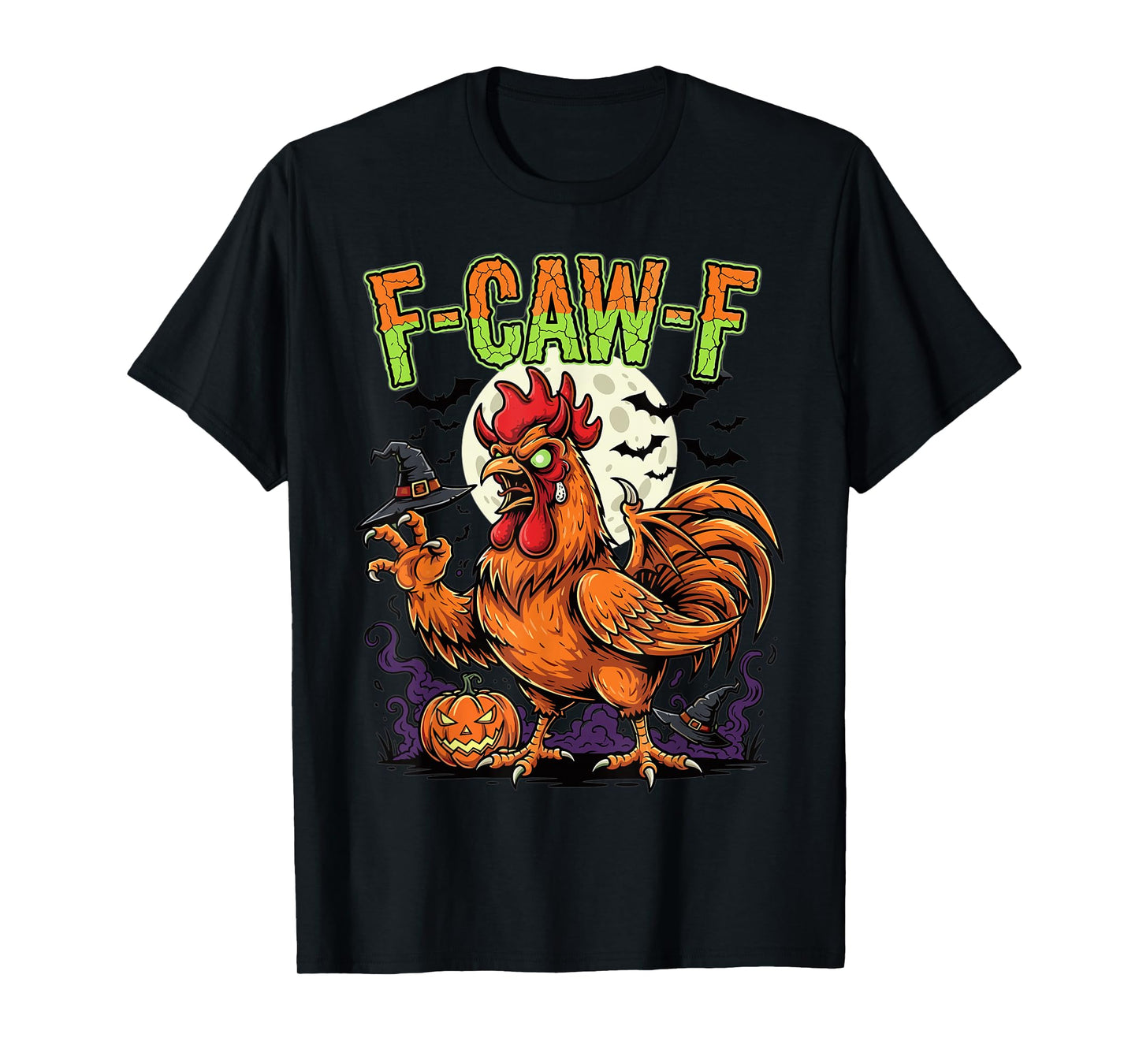 Halloween Rooster Monster Pumpkin Moon Bats Horror T-Shirt