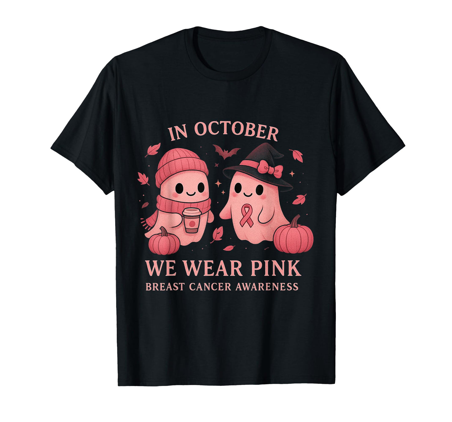 in October We Wear Pink Breast Cancer Awareness Ghosts T-Shirt
