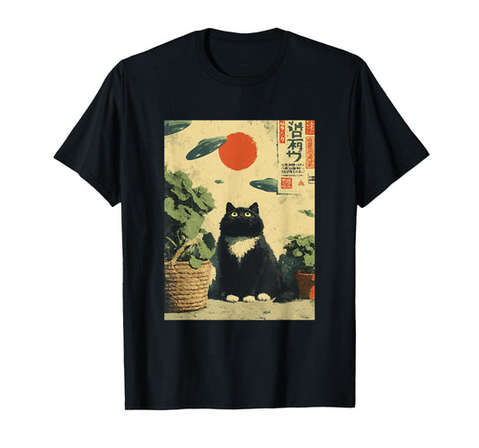 Cute Vintage Japanese Cat UFOs Space Aliens Kids Adults T-Shirt