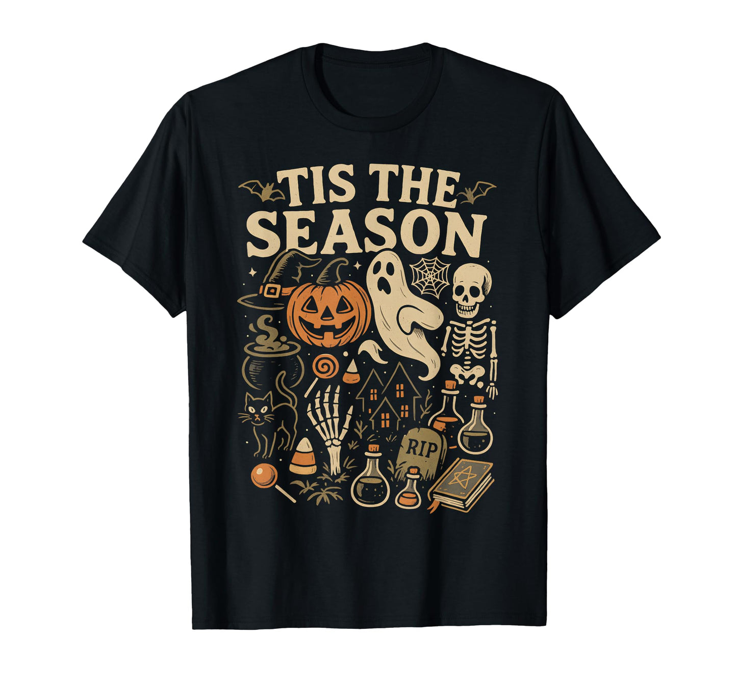 Vintage Halloween Season Skeleton Pumpkin Witch Book Potions T-Shirt