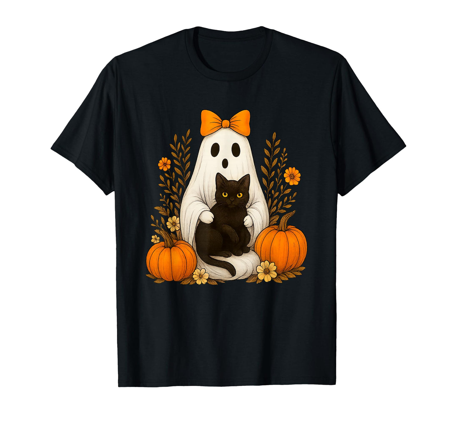 Halloween Ghost Holding Black Cat Groovy Floral Cute Boo T-Shirt