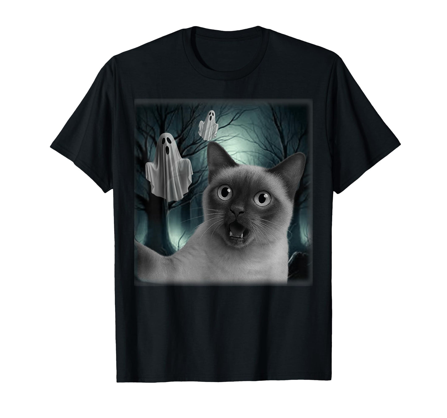 Halloween Siamese Cat Selfie with Spooky Ghost Cat Lovers T-Shirt