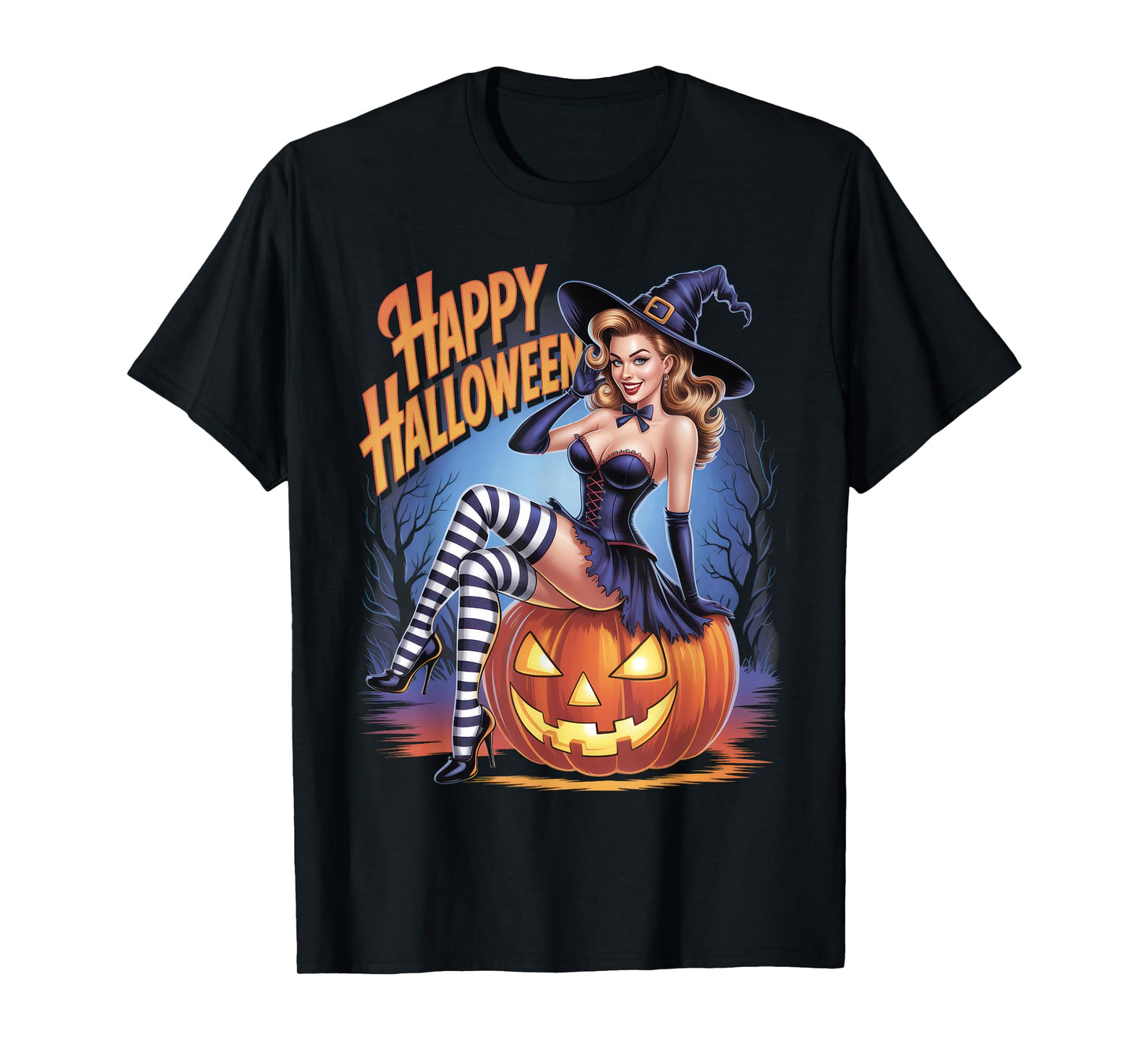 Happy Halloween Sexy Witch Sitting on Pumpkin Retro Costume T-Shirt