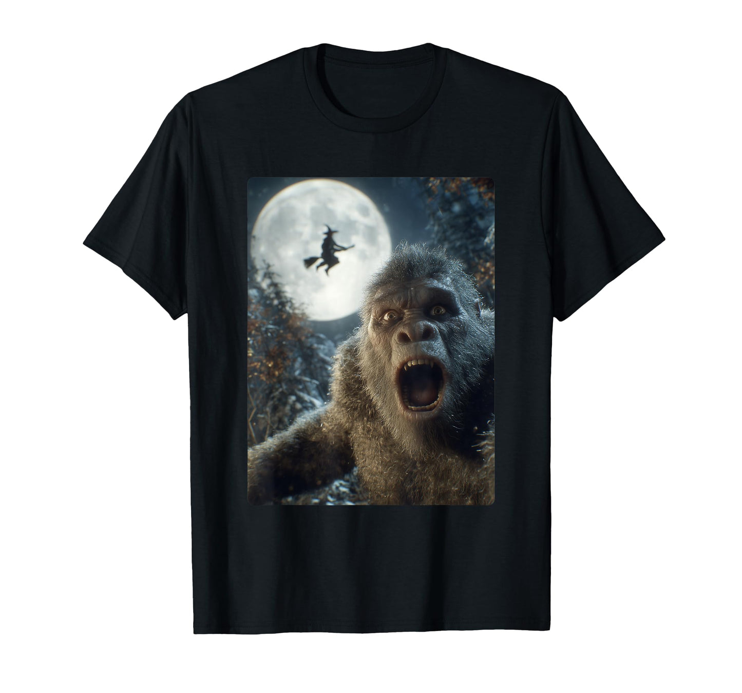 Funny Bigfoot Selfie Full Moon Flying Witch Forest Halloween T-Shirt