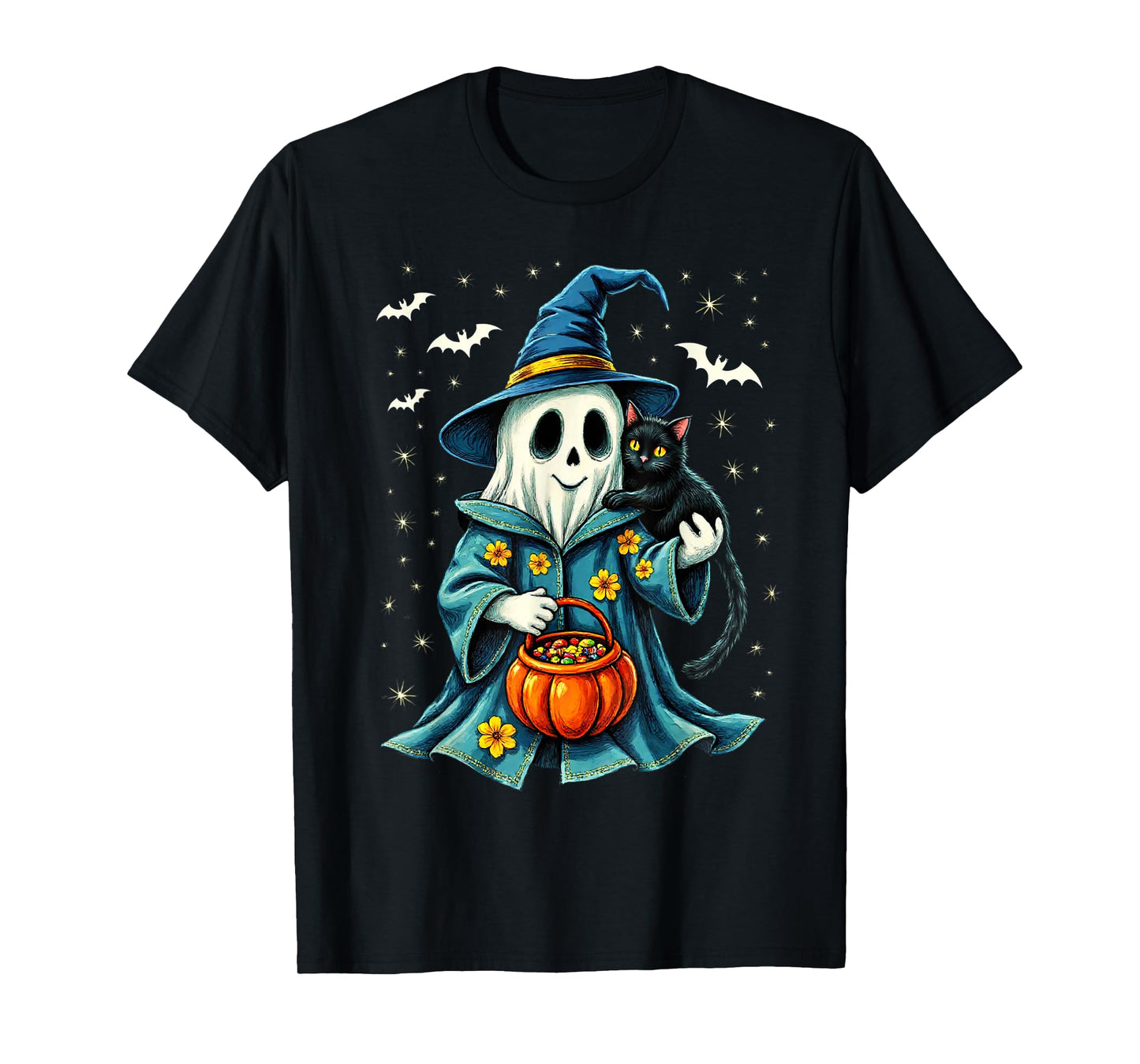 Ghost Holding Black Cat Lover Halloween 2025 Groovy Floral T-Shirt