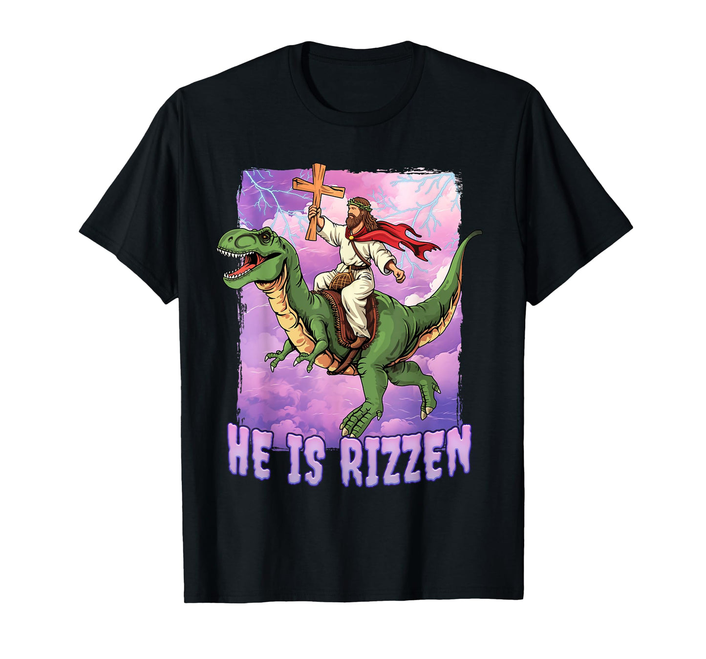 Jesus Riding A Dinosaur Jesus Rizz Meme T-Shirt - Black, Small, Unisex-Adults, Short Sleeve, Classic Fit, Cotton 65% Polyester 35%