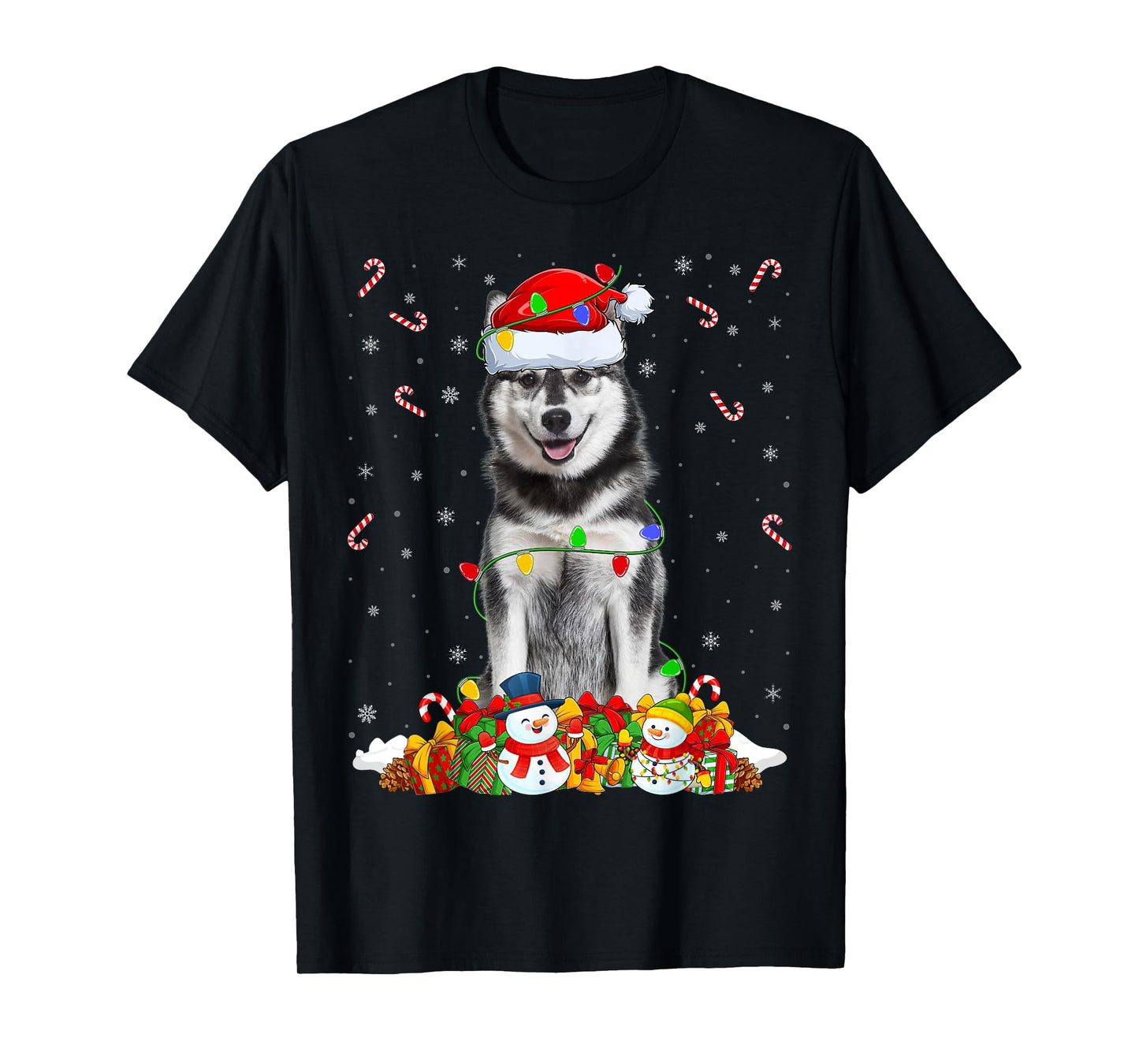 Siberian Husky Dog Christmas Lights Funny Santa Hat Xmas T-Shirt