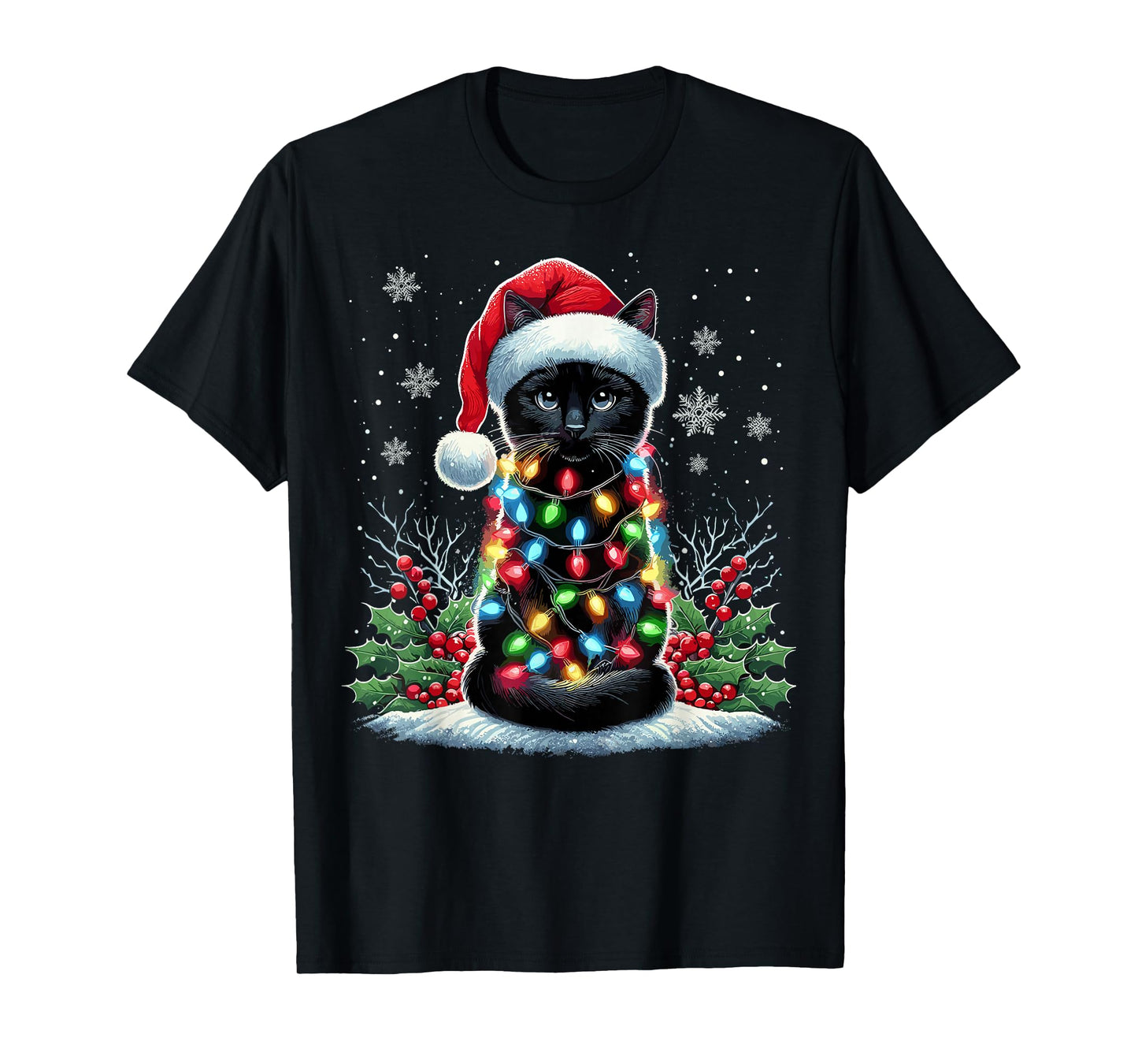 Black Cat Christmas Santa Hat Funny Meowy Cat T-Shirt