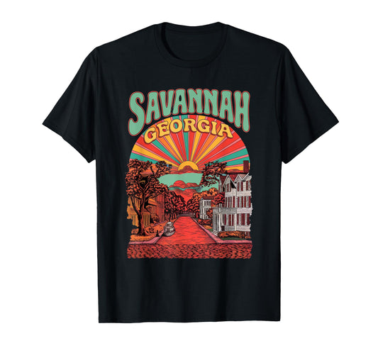 Vintage Savannah Georgia Sunset Skyline Cityscape Retro T-Shirt