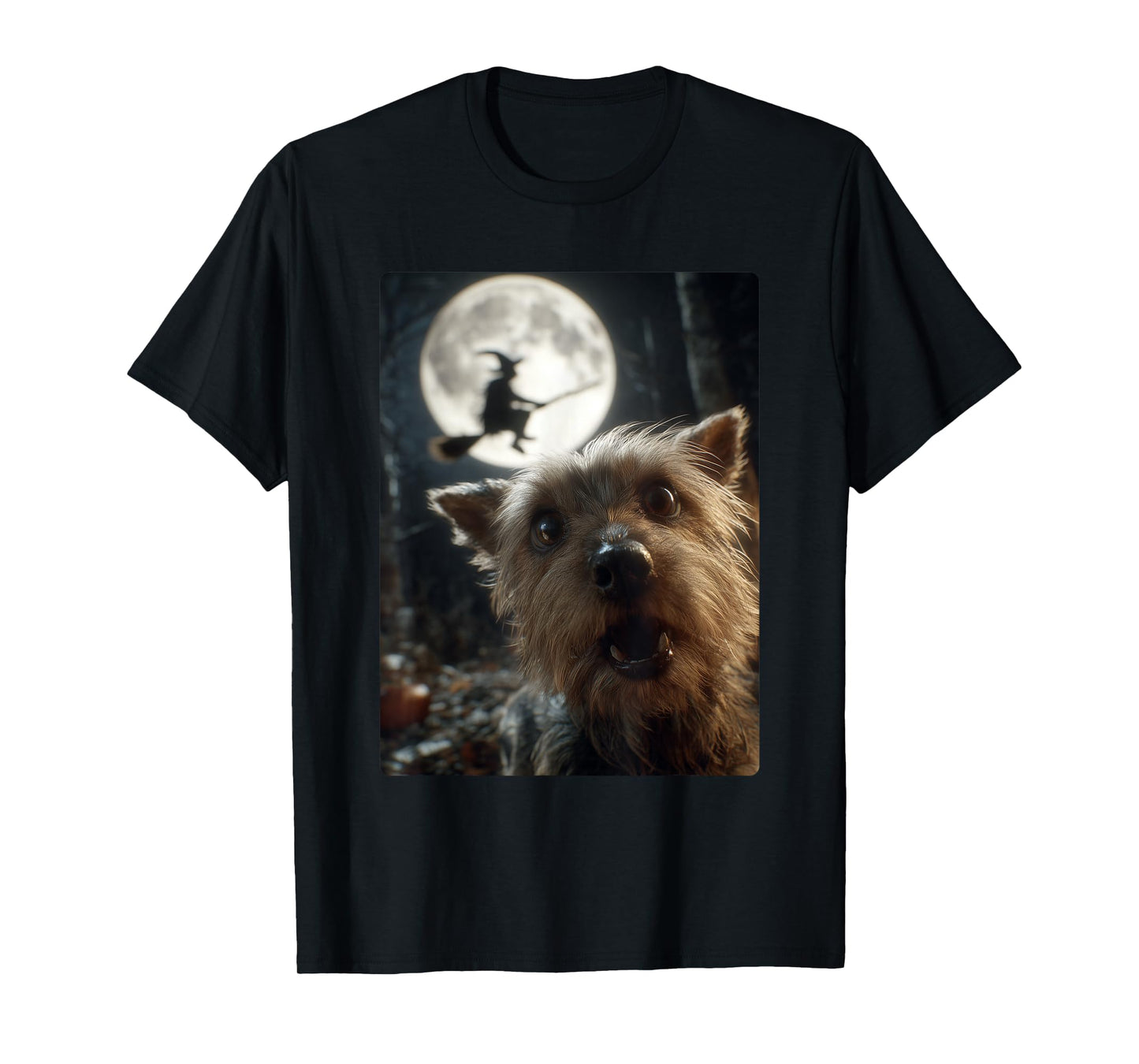 Funny Yorkshire Terrier Selfie Moon Flying Witch Halloween T-Shirt