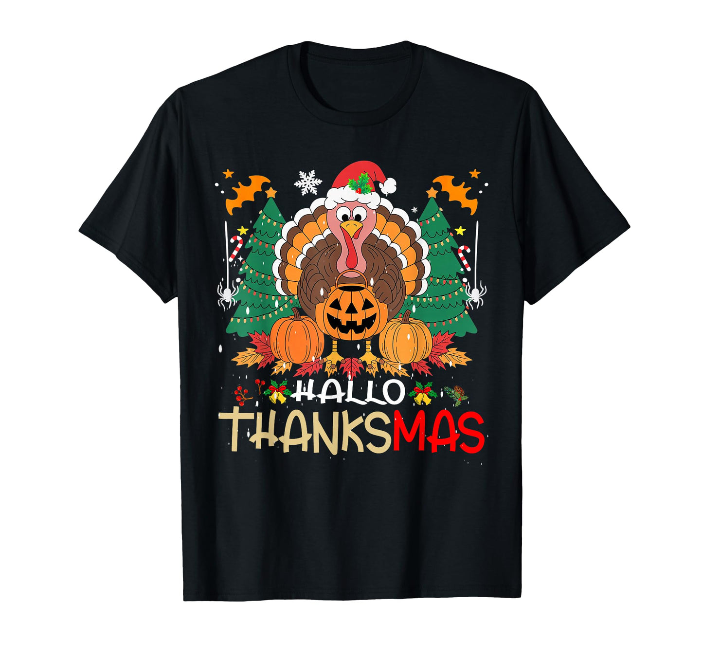 Funny HalloThanksMas Happy Thanksgiving Santa Turkey T-Shirt