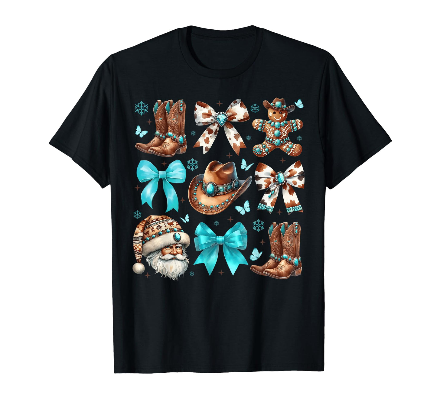 Howdy Christmas Cow Bows Santa Cowboy Boots Gingerbread Xmas T-Shirt