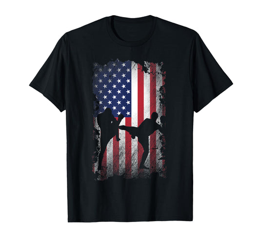 Distressed American Flag Kick Boxing USA Patriotic Gift T-Shirt for Women Kids Men