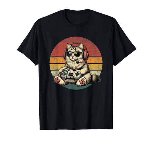 Kitten Cat Playing Video Games Vintage Funny Cat Gaming Men Women Kids T-Shirt