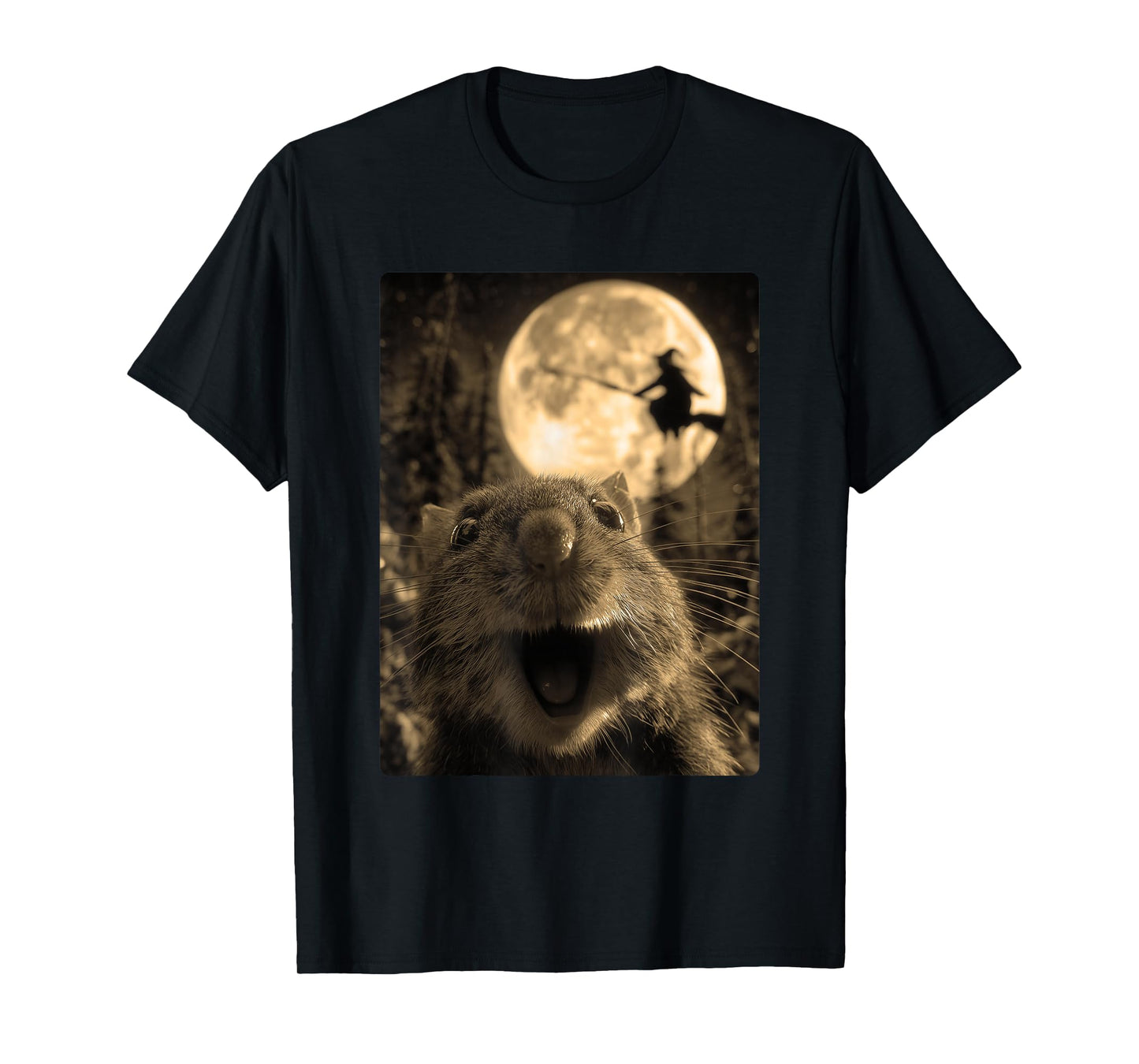 Funny Hamster Selfie Full Moon Flying Witch Forest Halloween T-Shirt