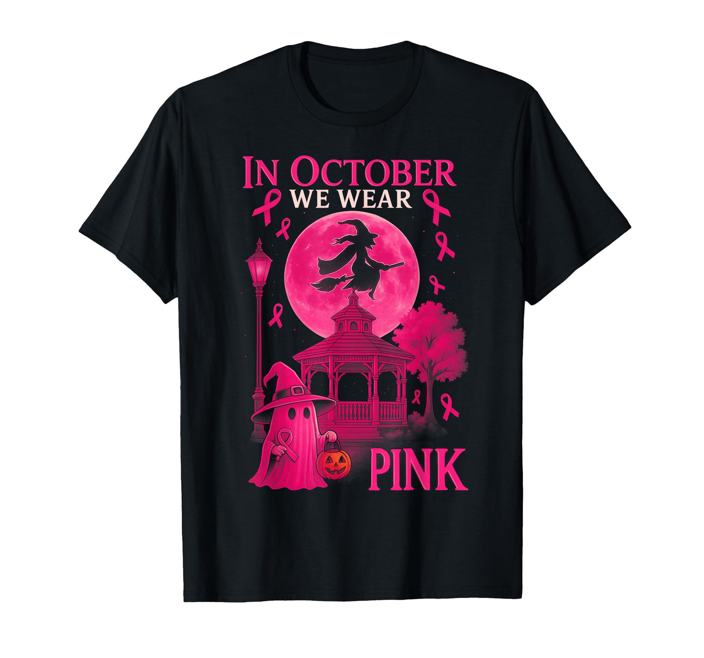 HUGvyn in October We Wear Pink Witch Halloween Breast Cancer T-Shirt