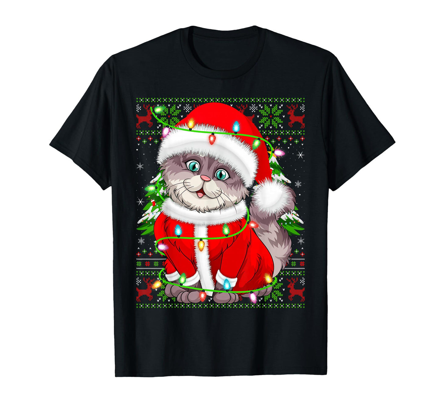 Cat Christmas Lights Santa Costume Cat Ugly Xmas Sweaters T-Shirt