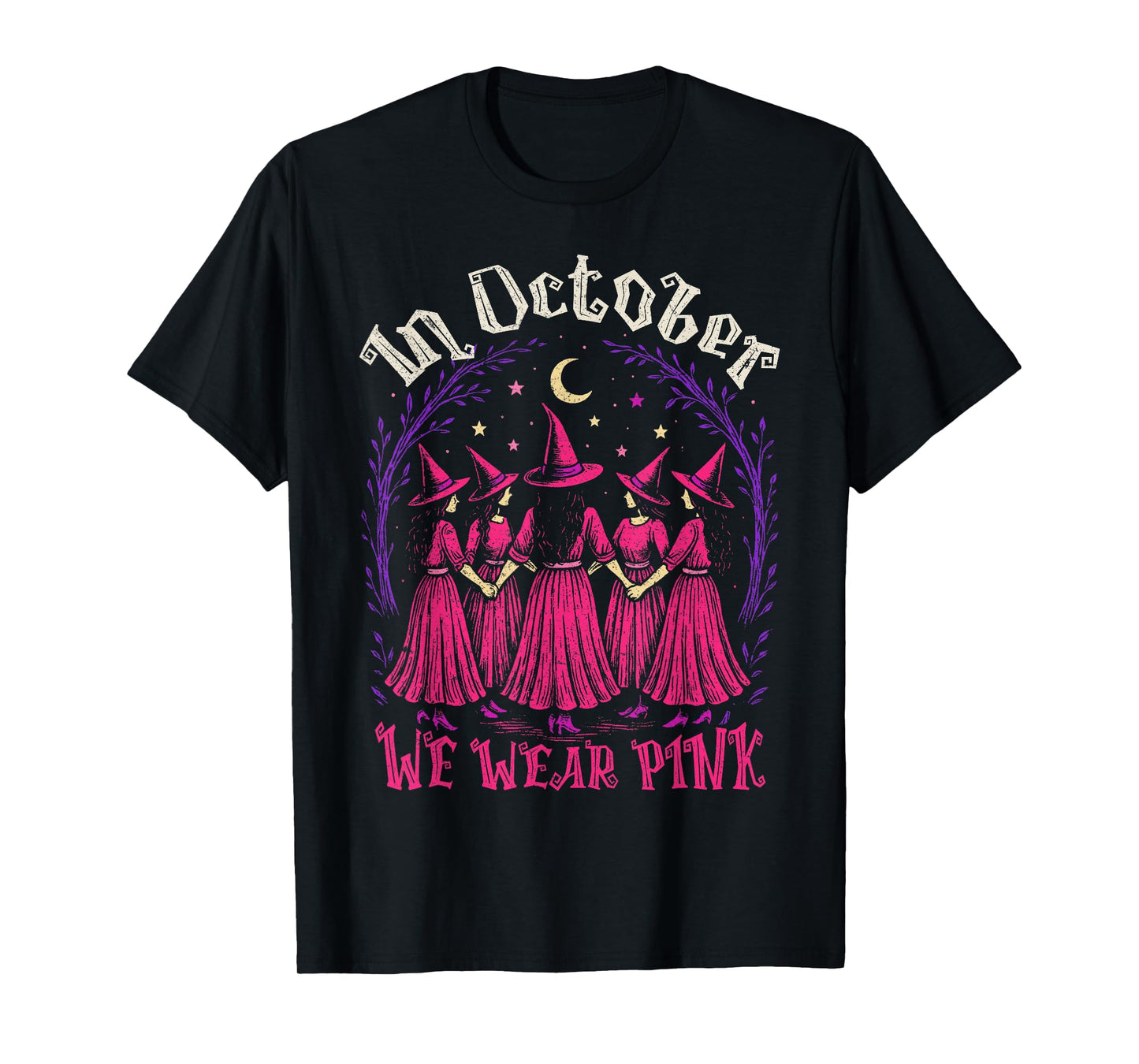 Retro in October We Wear Pink Witch Breast Cancer Awareness T-Shirt