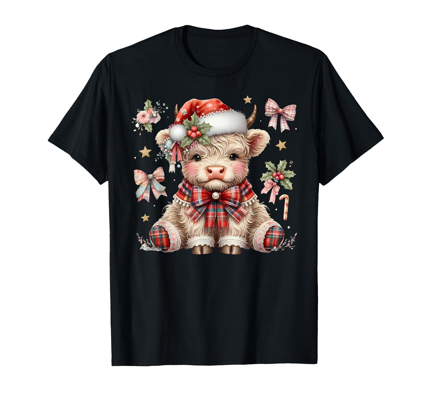 Patchwork Coquette Christmas Highland Cow Santa Hat Western T-Shirt