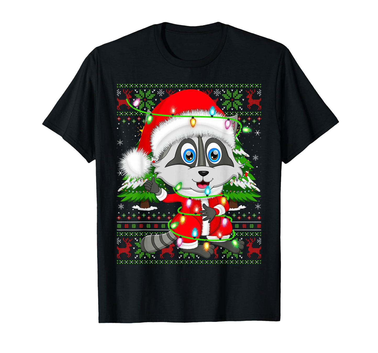 Raccoon Christmas Lights Santa Costume Ugly Xmas Sweaters T-Shirt