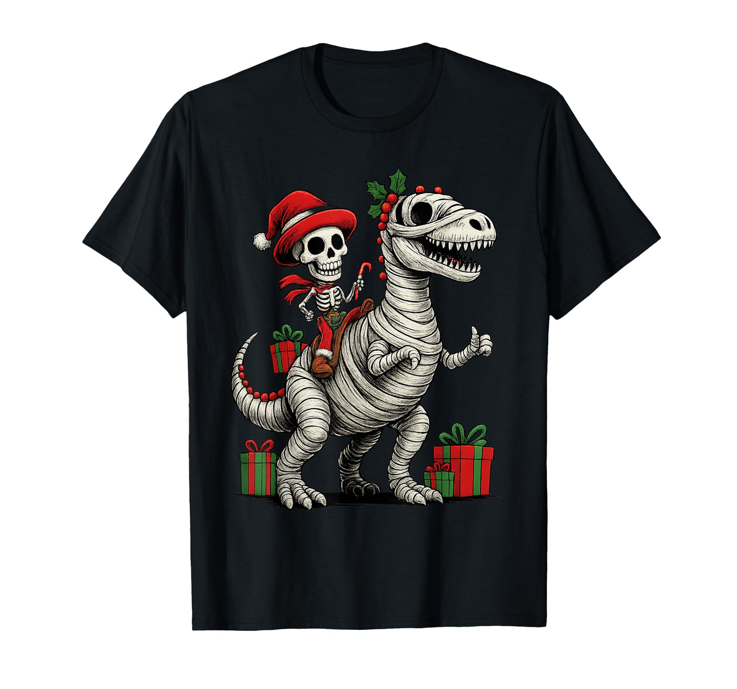 Skeleton Dinosaur Ugly Christmas Party Winter Holiday Season T-Shirt