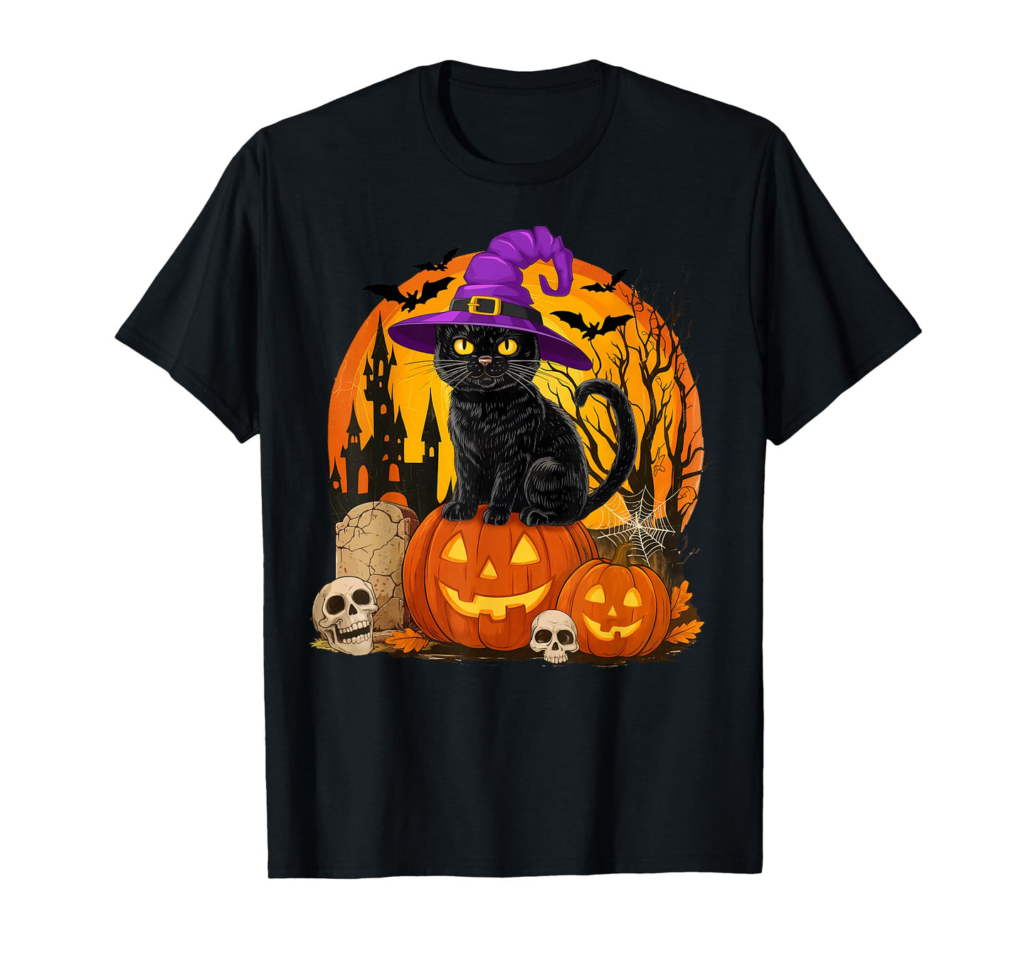 Vintage Black Cat Witch Pumpkin Halloween Men Women Kids T-Shirt