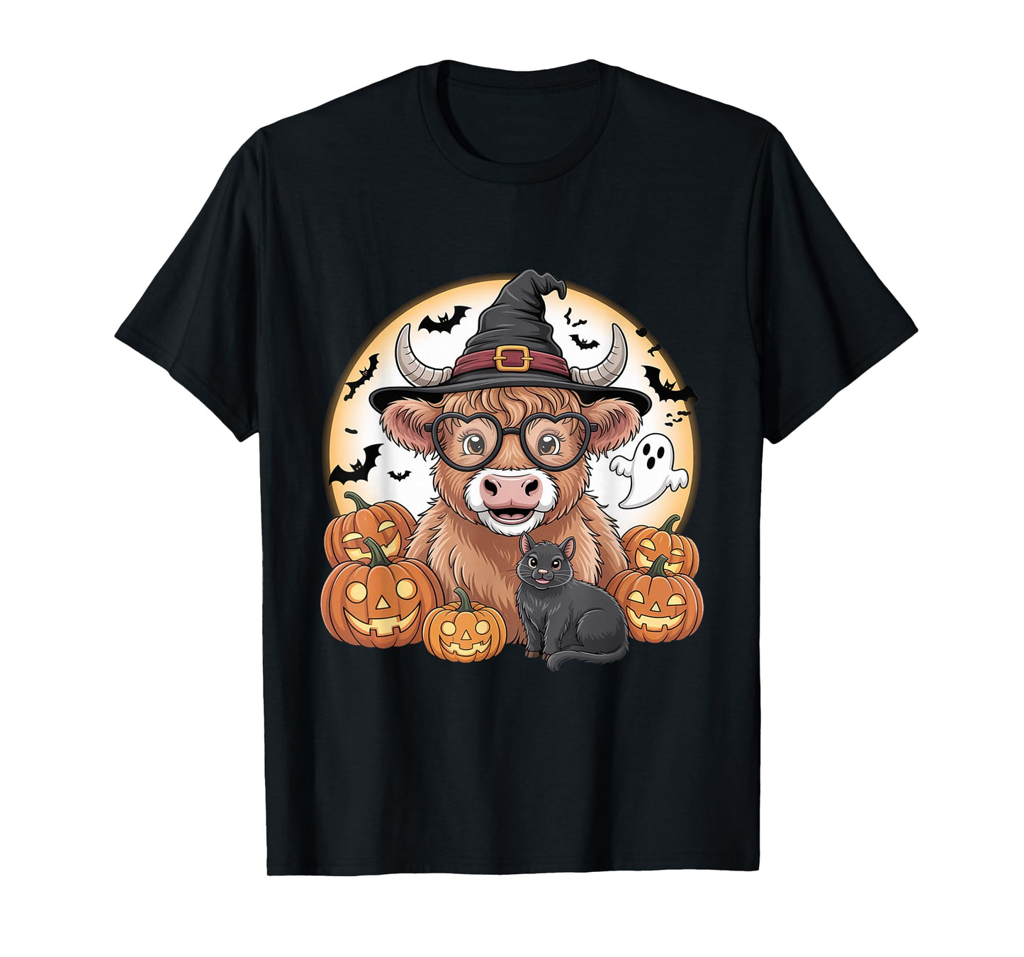 Cute Highland Cow Witch Halloween Pumpkin Black Cat Ghost T-Shirt
