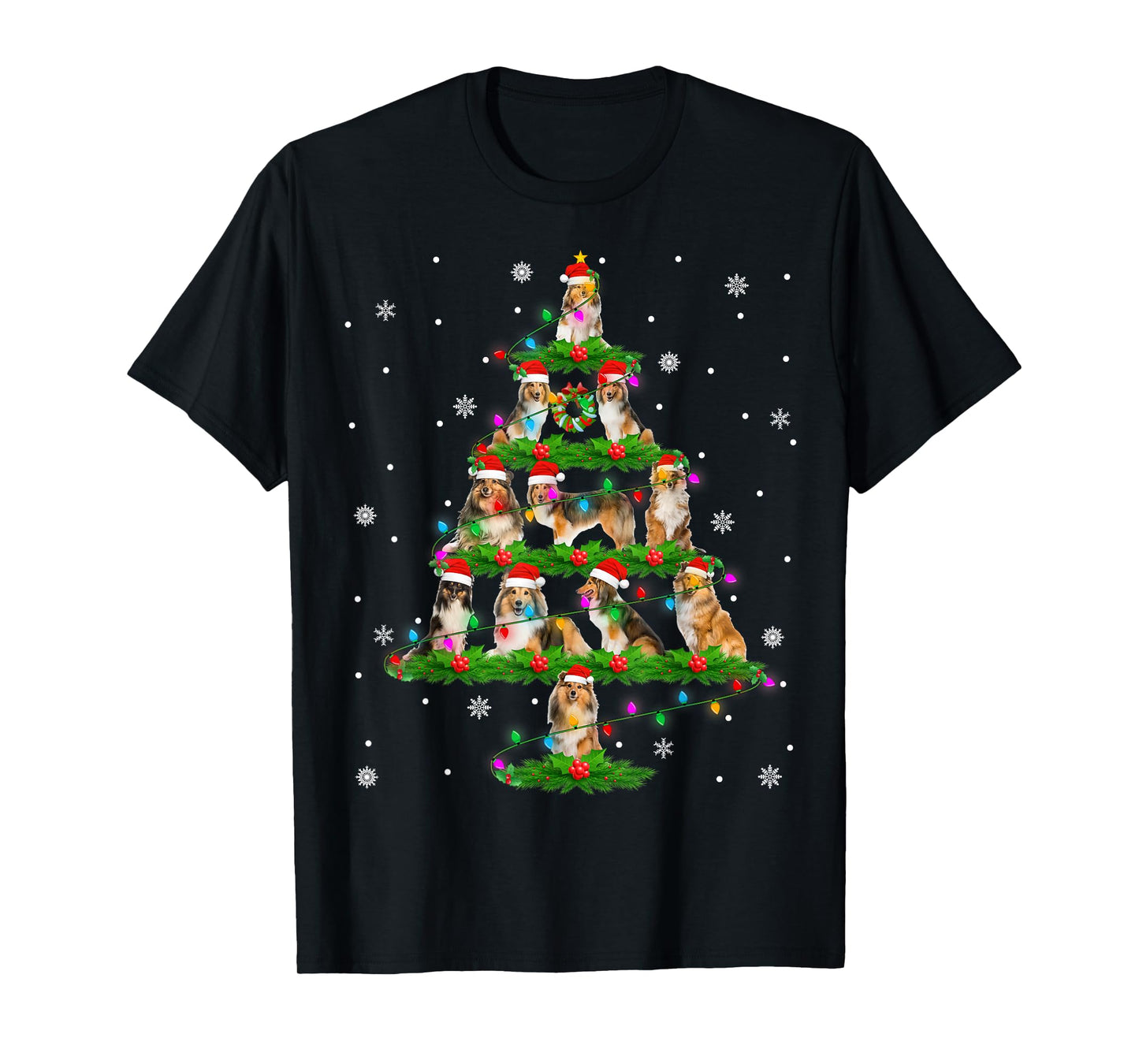 Shetland Sheepdog Christmas Tree Lights Santa Sheltie Xmas T-Shirt