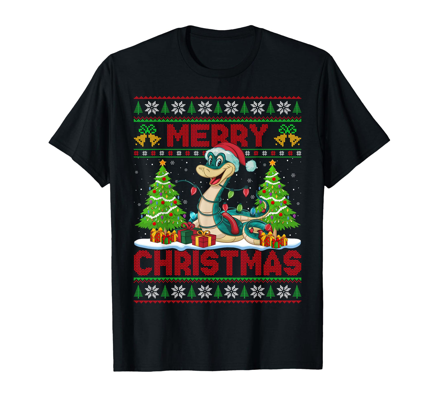 Snake Ugly Christmas Sweaters Funny Santa Hat Lights Xmas T-Shirt