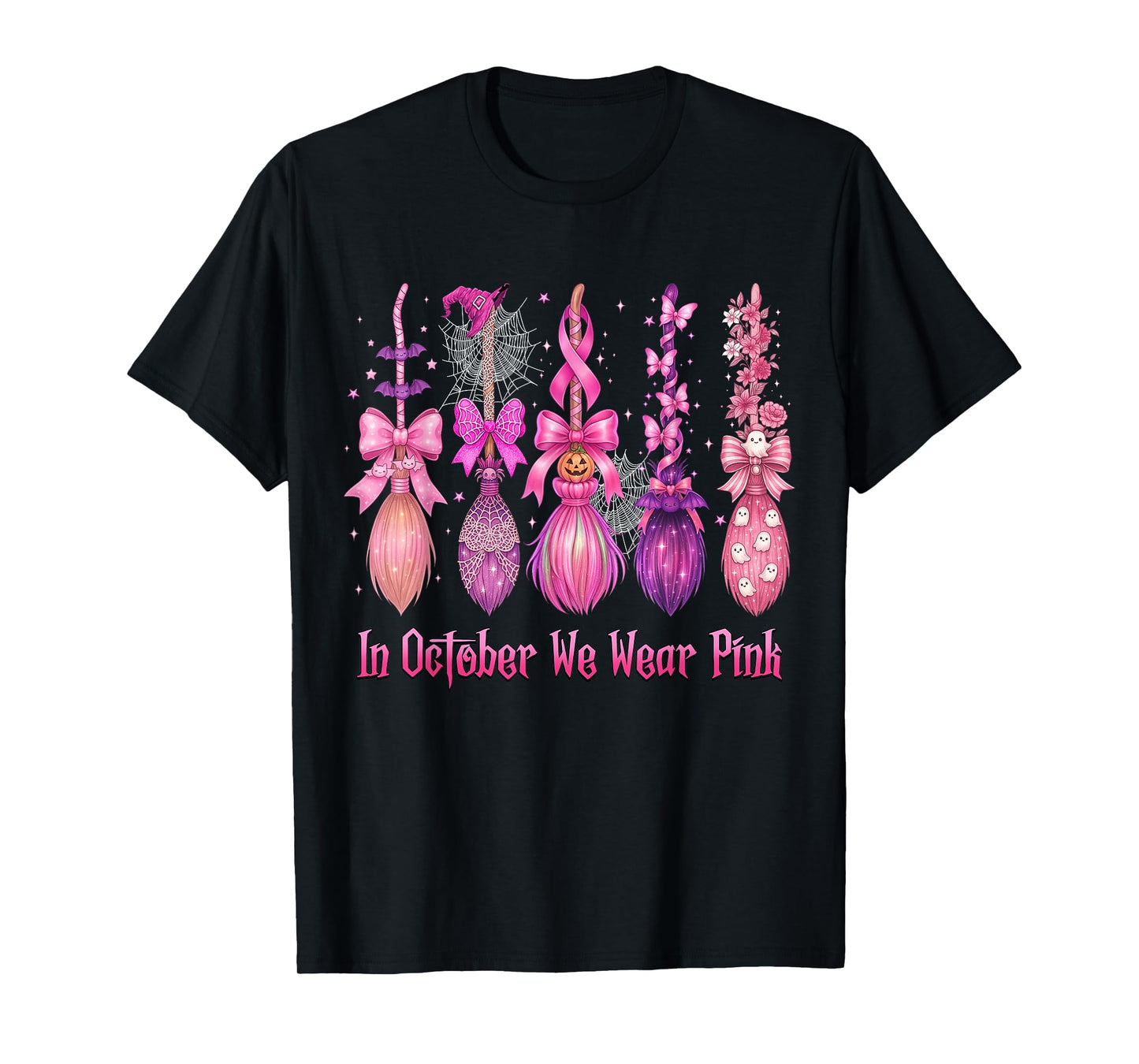 in October We Wear Pink Witch Broom Halloween Breast Cancer T-Shirt