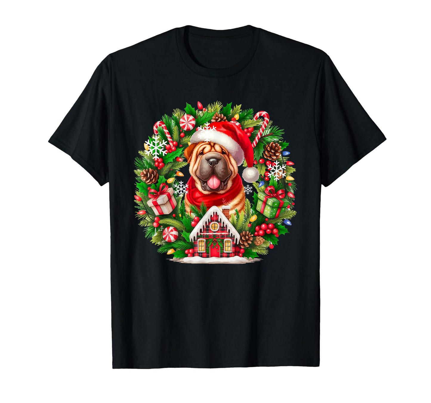 Santa Shar Pei Christmas Floral Circle Matching Owner Kids T-Shirt