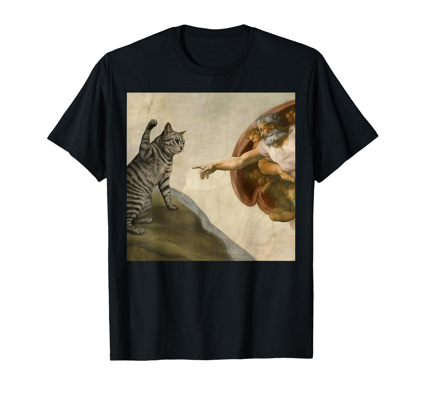 Funny Cat Meme in Creation of Adam Parody T-Shirt for Men Women Kids