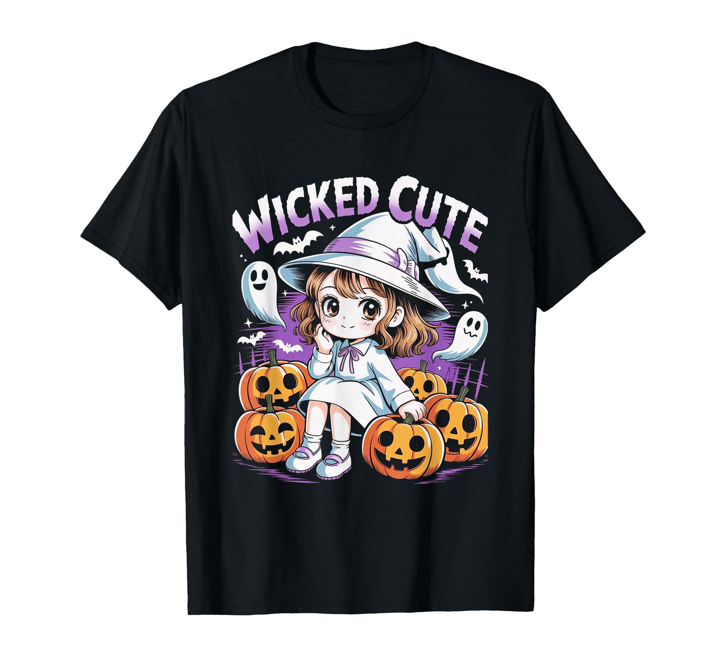 Halloween Anime Cute Witch Girls Pumpkin Bats Ghosts Kids T-Shirt