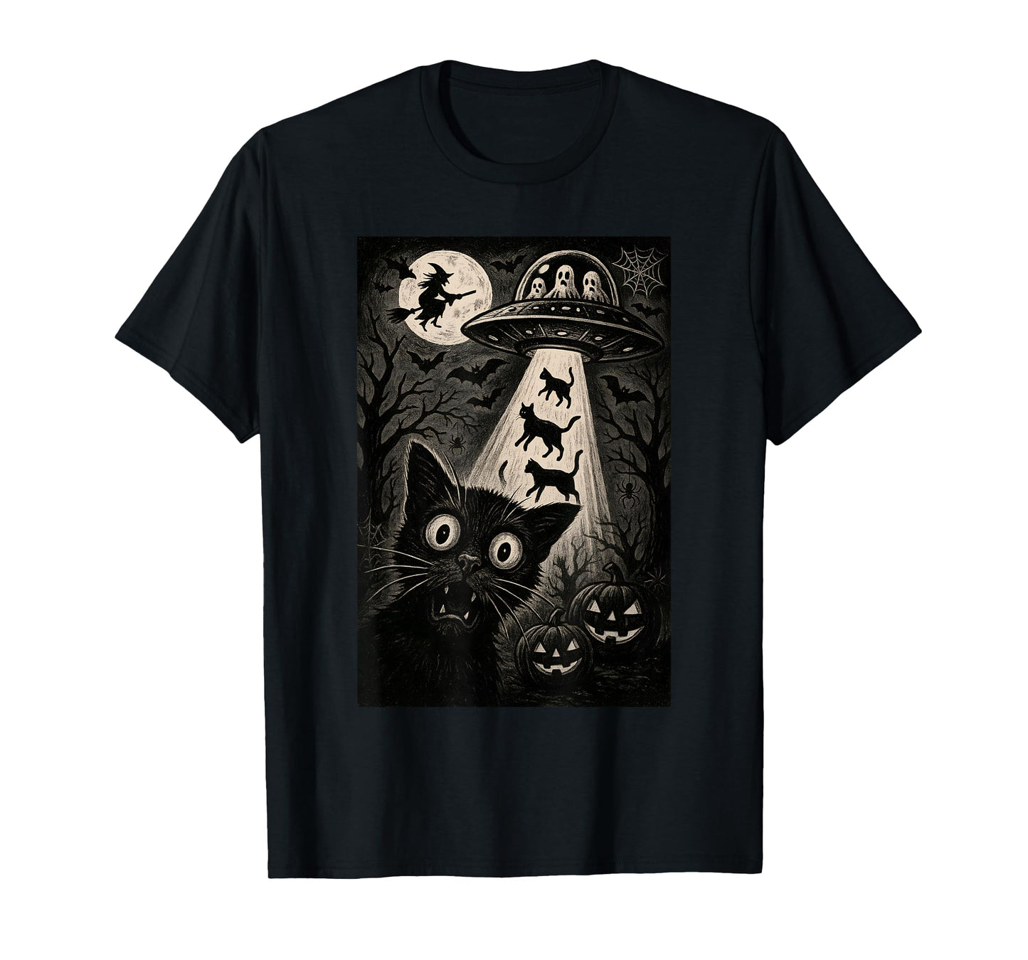 Halloween Cat Selfie Spooky Night Alien Abduction Cats UFO T-Shirt