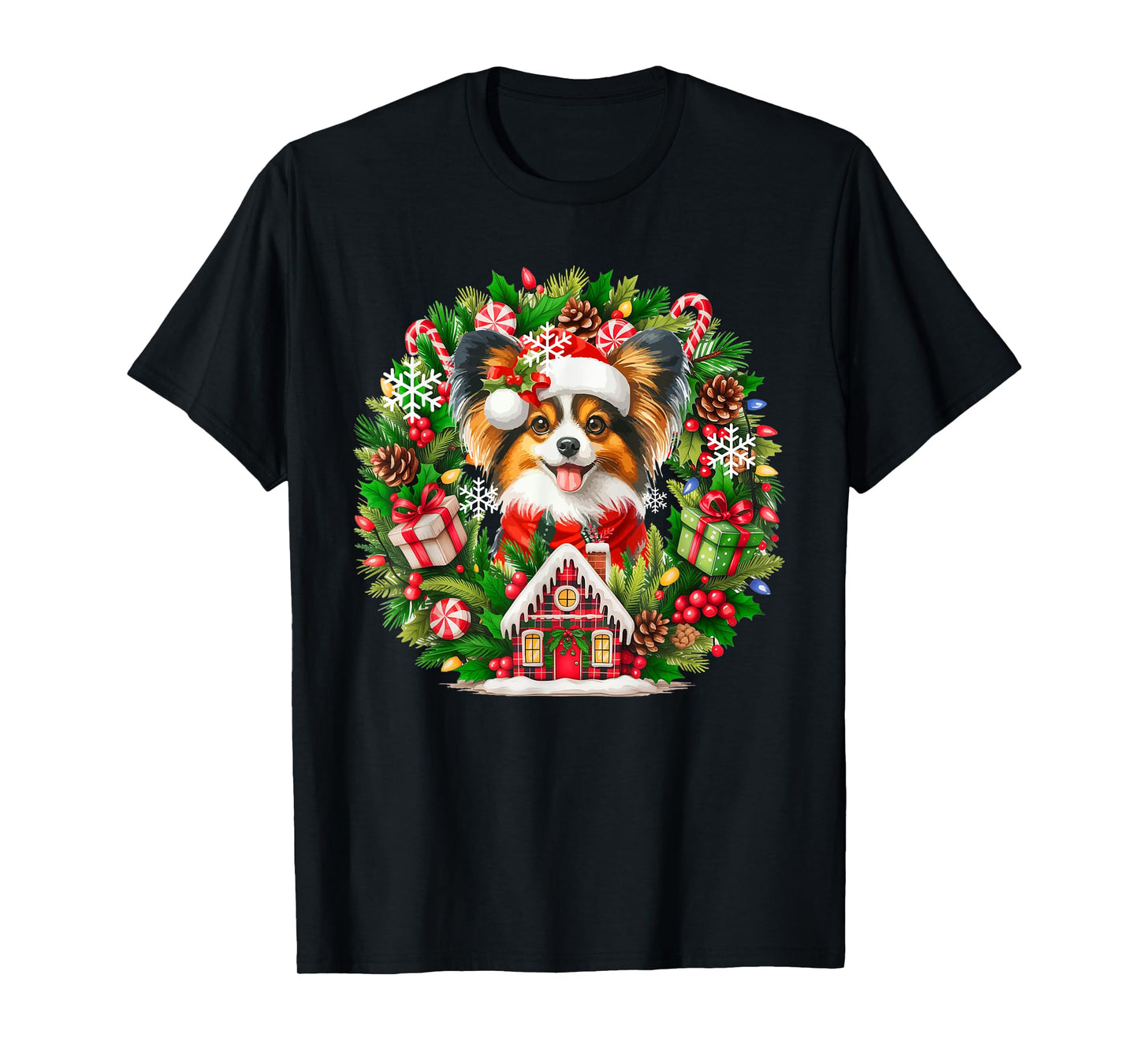 Santa Papillon Christmas Floral Circle Matching Owner Kids T-Shirt