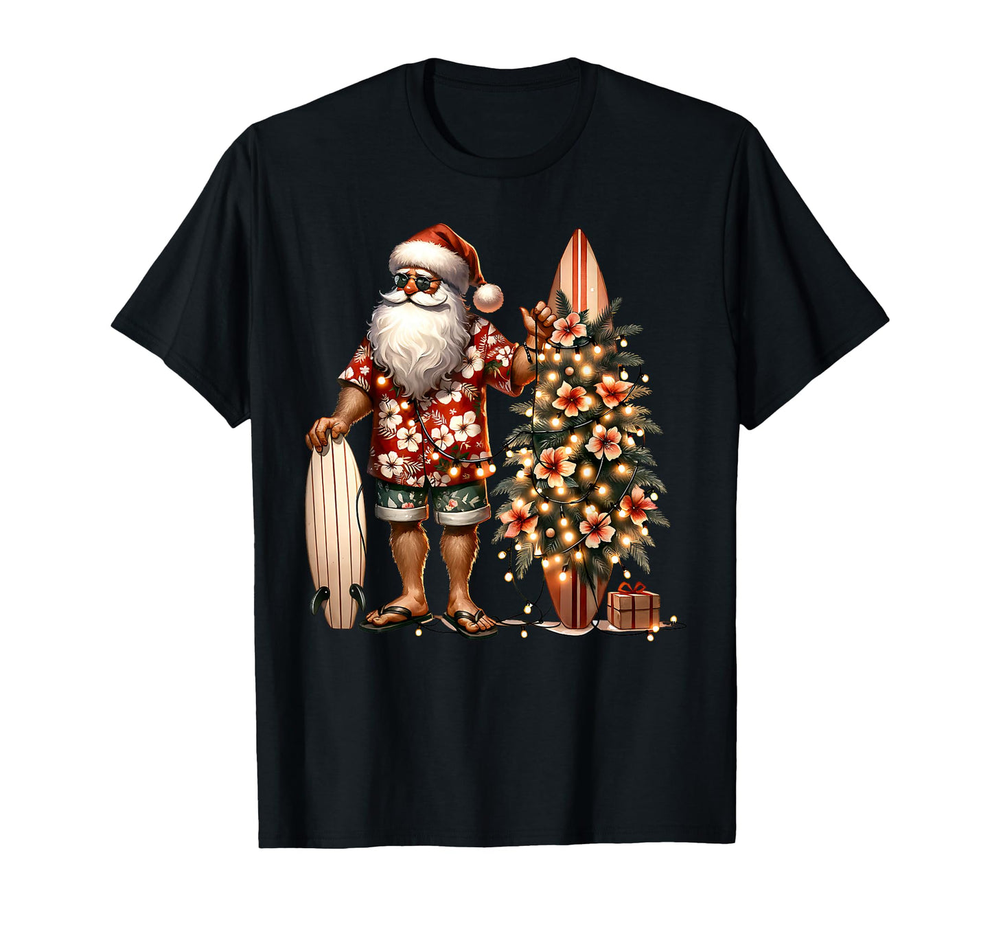 Tropical Christmas Santa Surfing Beach Hibiscus Xmas Lights T-Shirt