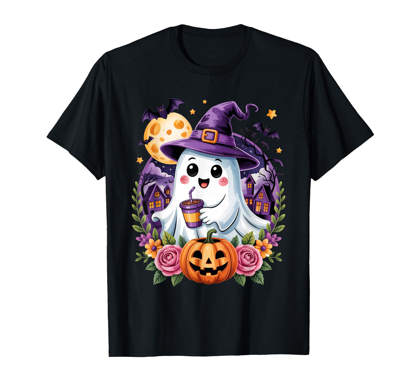 Cute Ghost Witch Pumpkin Floral Halloween Spooky Bloom Boo T-Shirt