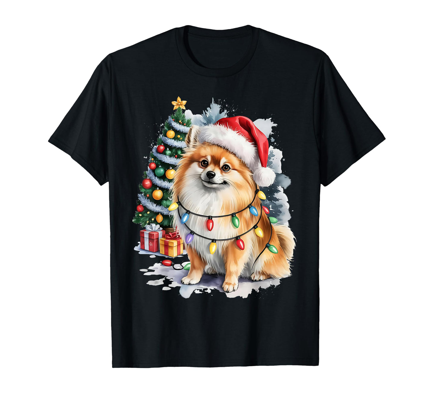 Pomeranian Christmas Dog with Santa Hat and Lights Holiday T-Shirt